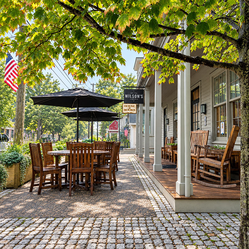 Outdoor patio tables under the trees at Wilson’s café in Kent
